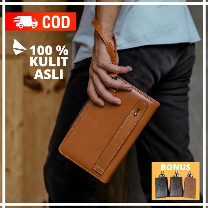 Gambar Handbag Pria Tas Clutch Pria Kulit Asli Reven Leather Diamante - Tan Coklat Muda dari Leather Goods Collection. undefined Tokopedia