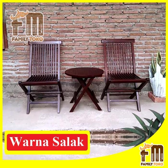 Gambar Set Meja dan Kursi Teras Kayu Jati Minimalis Bisa Dilipat - Warna Salak, MJ Bundar Salur dari Family Toko Mebel undefined Tokopedia