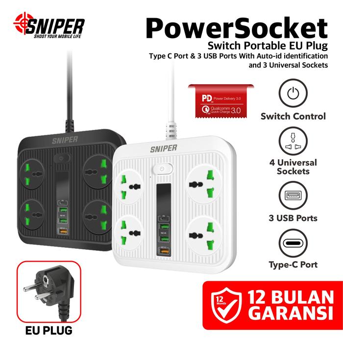 Gambar Sniper Powersocket 4 AC Outlets 3 USB and Type C Port Quick Charge PD - Hitam dari SNIPER INDONESIA undefined Tokopedia