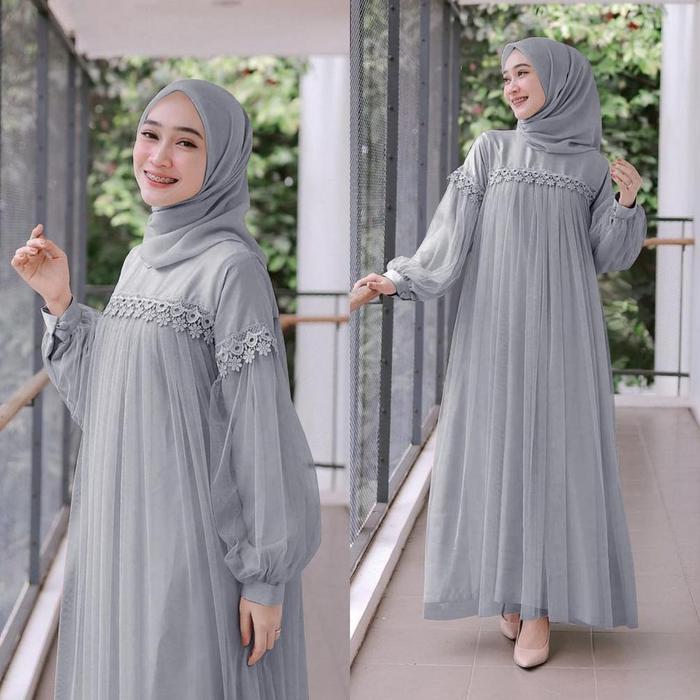 Gambar MAXI DRESS PANJANG NURAINI | GAMIS MUSLIM MURAH PEREMPUAN BROKAT TILE - ABU, (M) dari Ummu Janah undefined Tokopedia