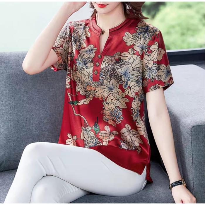 Gambar 1114 PRISRE Atasan Blouse Satin Motif CNY Import Fashion Wanita Korea - Maroon dari Tyna Fashion Shop undefined Tokopedia