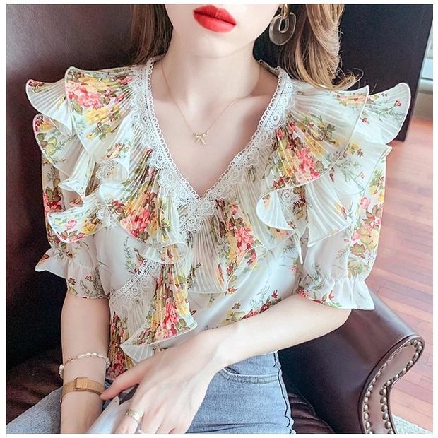 Jual 3566 GEANI Atasan Wanita V Neck Blouse Floral Ruffle Korean