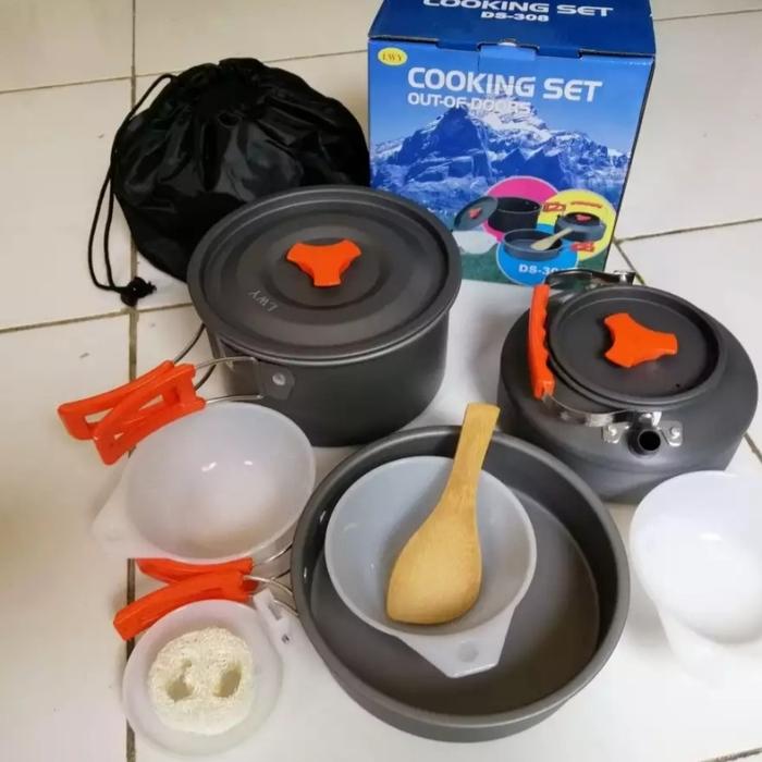 Gambar Cooking Set Ds 308 Plus Teko Portable - DS-308 Nesting Outdoor Camping - Gagang Oren dari Incredible Adventure undefined Tokopedia