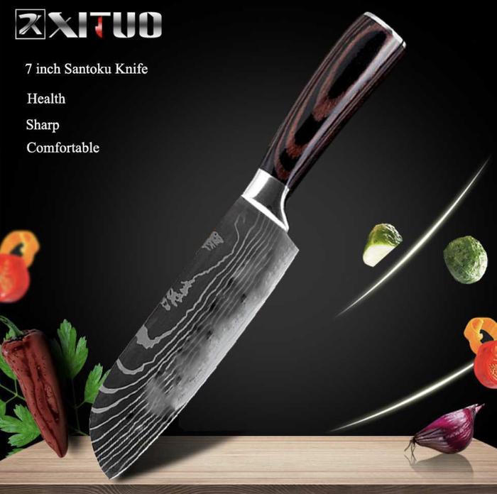 Gambar Pisau Dapur Damascus - XITUO Chef Boning Santoku Paring Bread Cleaver - Santoku 7" dari GunThing undefined Tokopedia