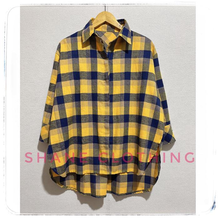 Gambar KEMEJA WANITA OVERSIZE KOTAK LENGAN 3/4 BAHAN FLANEL - KUNING 4005, all size dari shane-clothing23 undefined Tokopedia