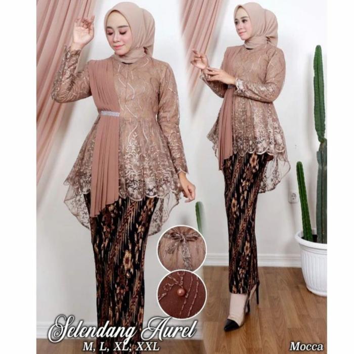 Gambar setelan kebaya modern hijab wisuda selendang tile payet - mocca, L dari Berkah kebaya undefined Tokopedia