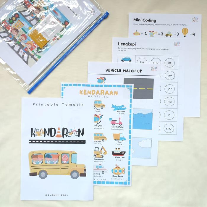Gambar Worksheet Tematik Kendaraan - lembar kerja aktivias anak PAUD vehicle - A4 + Zipper Map dari Kelanakids undefined Tokopedia