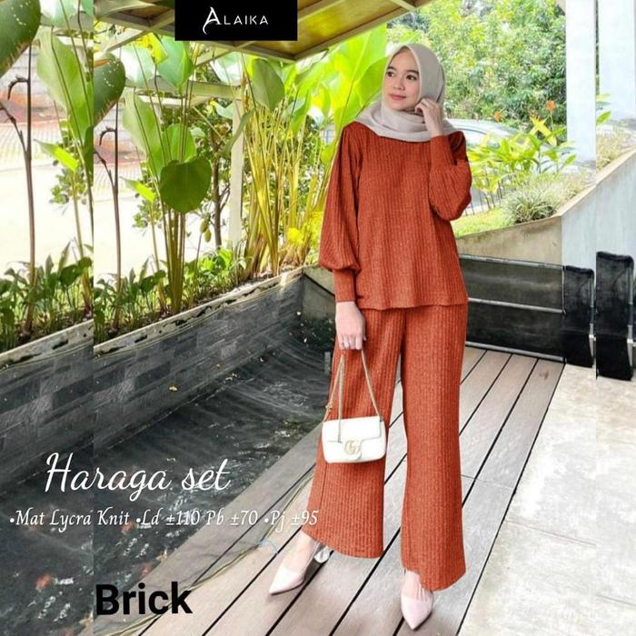 Jual baju setelan wanita tunik celana haraga set lycra knit polos