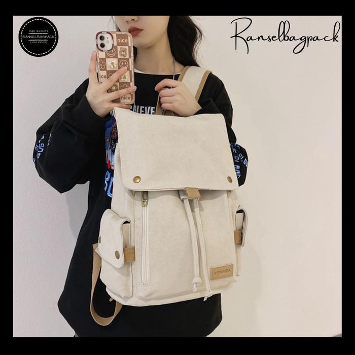 Gambar Tas Ransel Backpack Kanvas Kuliah Kerja Laptop 14 Inch Pria Wanita 01 - Crem dari Ranselbagpack undefined Tokopedia