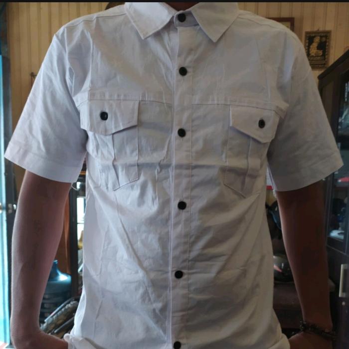 Gambar Kemeja Lengan pendek Dua Kantong Slim Fit PUTIH Katun Stretch - Putih, XXXL dari Dpro_fashion undefined Tokopedia