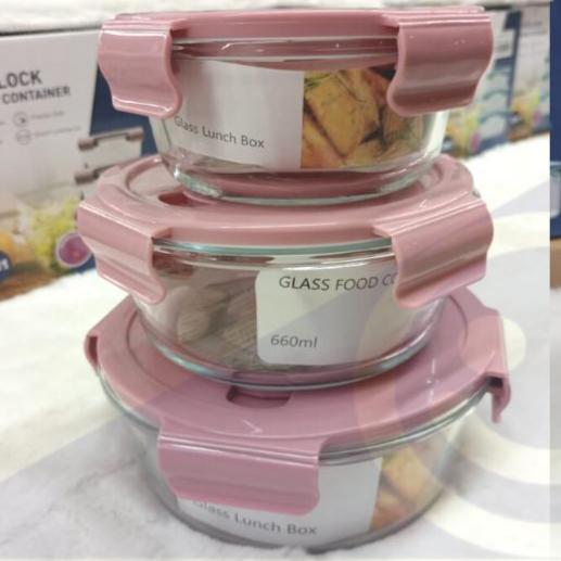 Gambar Glasslock Wadah Penyimpanan Makanan Kaca 3 in 1 Non Sekat Kedap Udara - Bulat Pink dari HAPIMART ID undefined Tokopedia