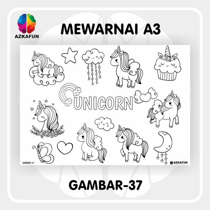 Gambar Kertas Mewarnai A3 UNICORN - Mewarnai anak perempuan unicorn - GAMBAR-37 dari AZKAFUN undefined Tokopedia
