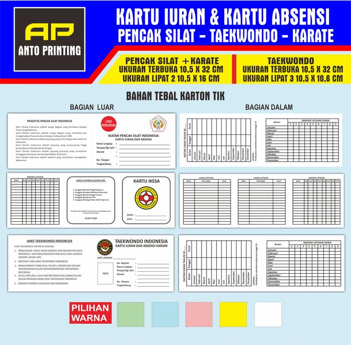 Gambar KARTU IURAN, KARTU ABSENSI PENCAK SILAT, TAEKWONDO, KARATE dari ANTO PRINTING undefined Tokopedia