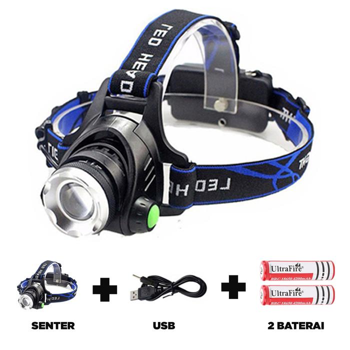 Gambar Senter kepala cas Headlamp Waterproff Led Cree XML T6 ZOOMABLE - SENTER+USB+2BAT dari FS12 Shop undefined Tokopedia