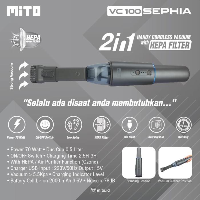 Gambar MITO - Vacuum Cleaner Wireless MITO Sephia VC100 Dengan Hepa Filter - Hitam dari Hscanderson undefined Tokopedia