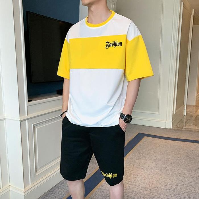 Gambar Stelan Pria Kaos Setelan Dan Celana Pendek Cowok Fash Premium - Putih kuning dari queenlabell undefined Tokopedia