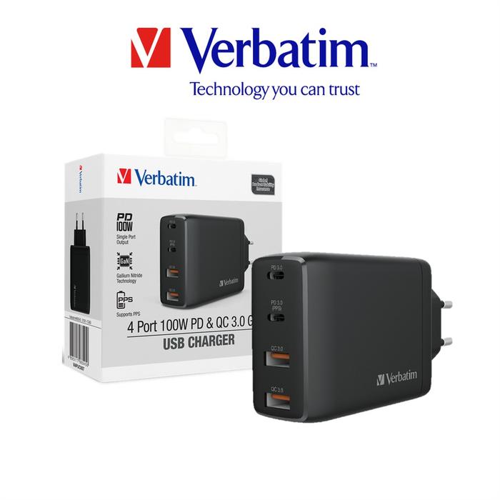 Gambar USB Charger Verbatim 4-port 100W with PD 3.0 & QC 3.0 GaN - 66545 - BLACK dari DBKlik Indonesia undefined Tokopedia