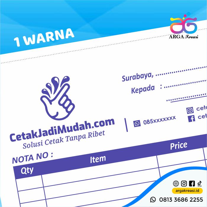 Gambar Cetak Nota Custom 1/8 F4 NCR Bon Kwitansi 1 Ply / 2 Ply / Rangkap 3 - cetak 1 warna, 2 Ply (NCR) dari Arga Kreasi undefined Tokopedia