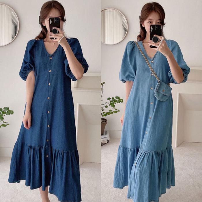 Gambar Dress Wanita Korean Style Soft Jeans ICONZ Import Puff (3425/00464) - Biru Muda dari ICONZ Clothing undefined Tokopedia