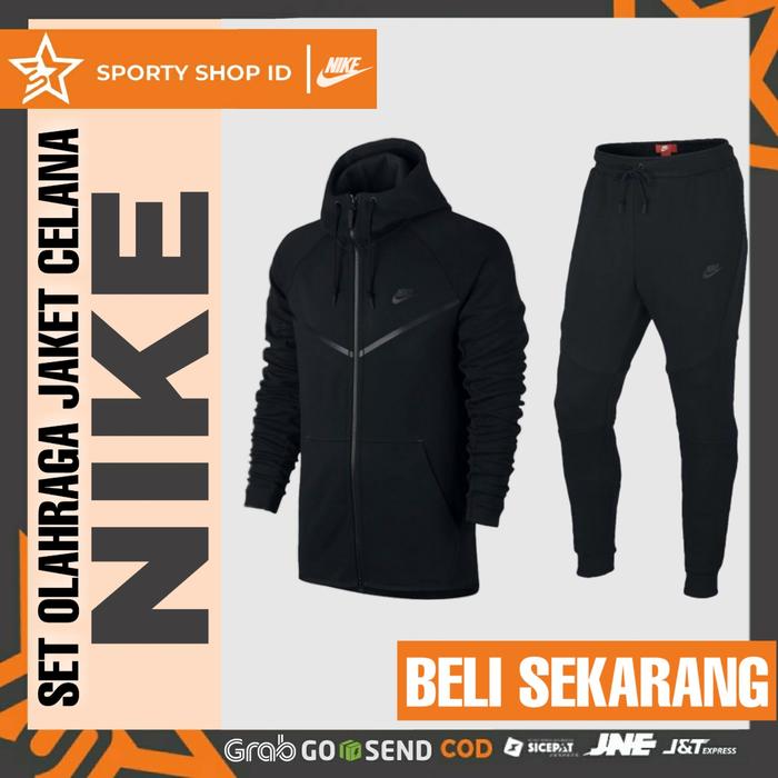 SETELAN CELANA JAKET TRAINING OLAHRAGA PRIA RUNNING JOGGING LARI NIKE  NIKE FULL BLACK, M