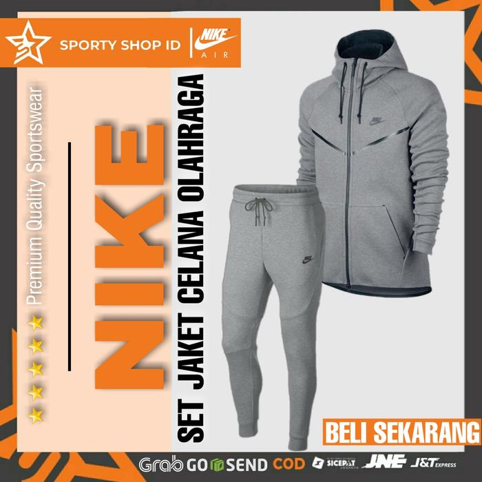 SETELAN OLAHRAGA JAKET CELANA TRAINING RUNNING JOGGING PRIA NIKE TECH  NIKE TECH GREY, M