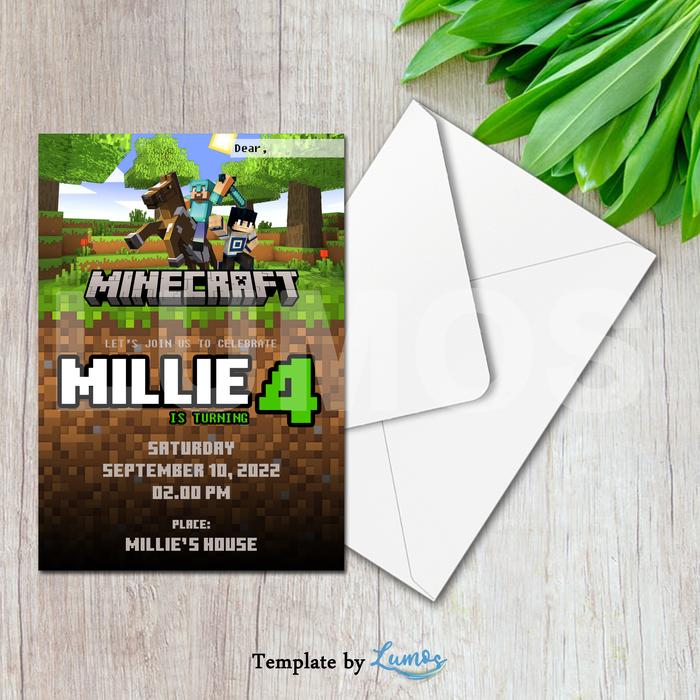 Gambar UNDANGAN ULANG TAHUN ANAK/KIDS BIRTHDAY INVITATION - MINECRAFT - SMALL + AMPLOP dari Lumos Birthday Bash undefined Tokopedia
