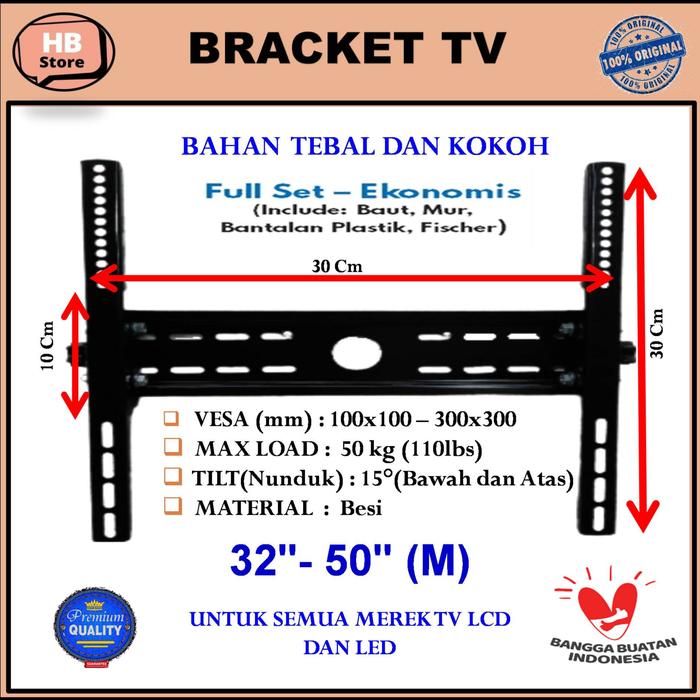 Gambar breket bracket LCD LED TV 40 43 45 50 55 inc inch inci - TILT 32-50 dari Bracket Hasan store undefined Tokopedia