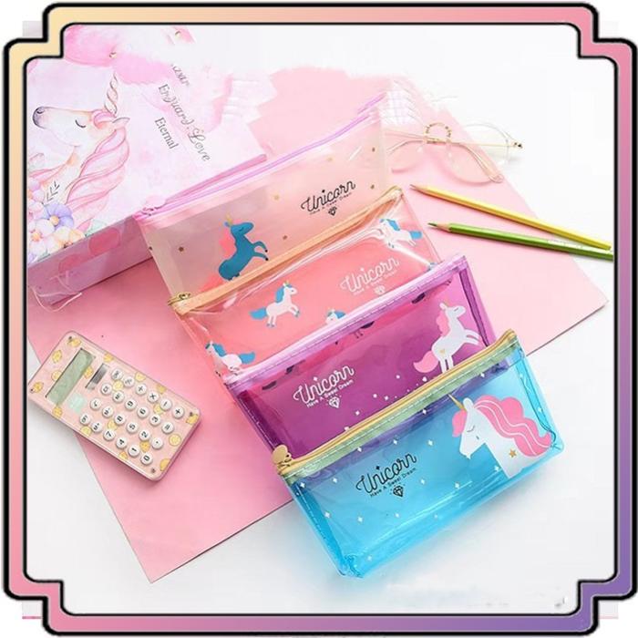 Gambar DOMPET TEMPAT PENSIL KAIN PLASTIK UNICORN JARING BUAH JELLY MANIK - Transparan dari ATK BERTUAH STATIONERY undefined Tokopedia
