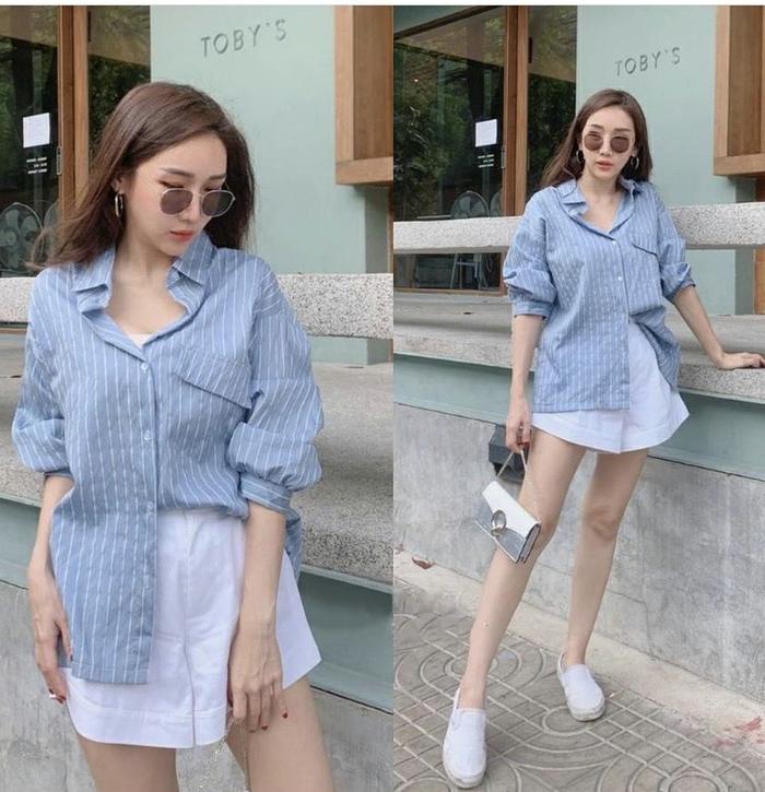 Gambar KEMEJA WANITA KANTOR FASHION MOTIF SALUR BLUE-ARETHA 1243 - Biru, all size dari EmiliaTshop undefined Tokopedia