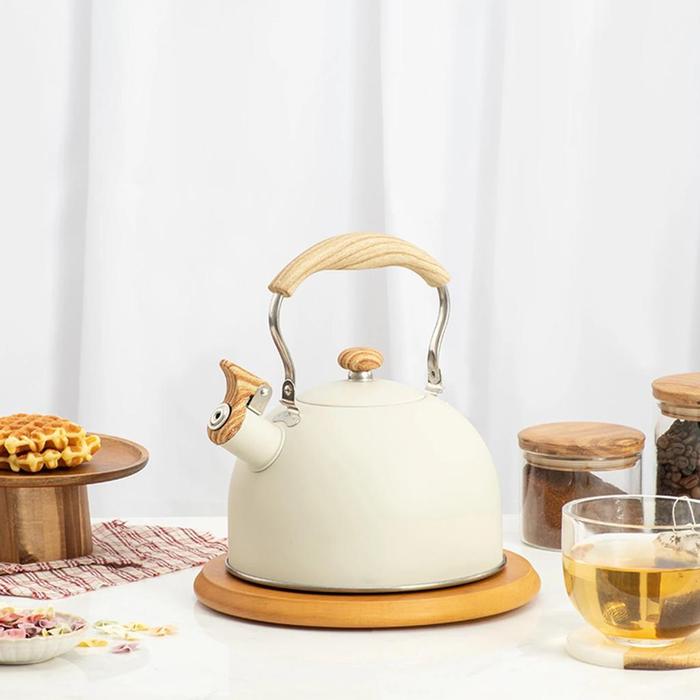 Gambar teko pemanas air wood grain / whistle kettle ceret kopi teh bunyi siul - CERET CREAM dari samiya jaya undefined Tokopedia