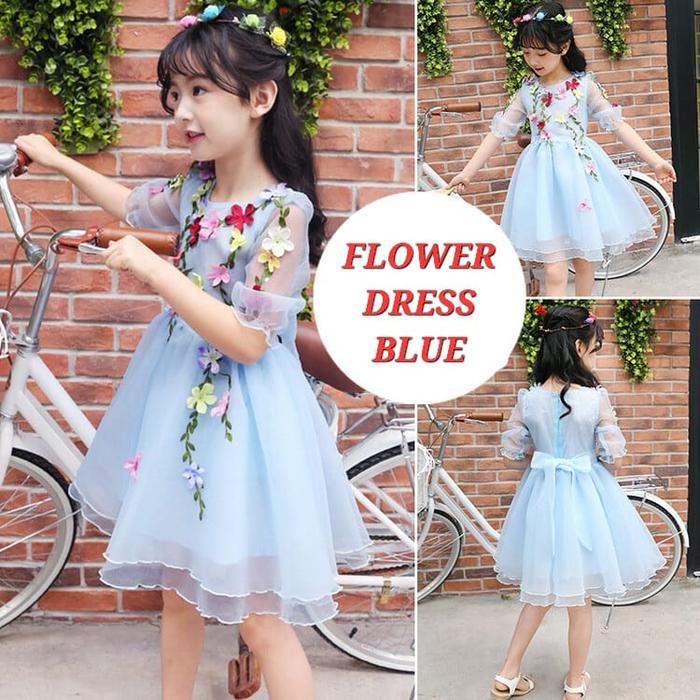 Gambar FLOWER DRESS GAUN BUNGA ANAK CEWEK FASHION KOREA IMPORT PUTIH PINK - BLUE, 130 dari milanberry undefined Tokopedia
