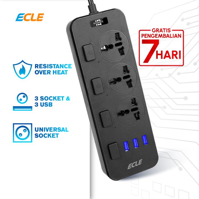 Gambar ECLE Power Strip Stop Kontak 3 Power Socket 3 Smart USB Port - Hitam dari ECLE Official Store undefined Tokopedia