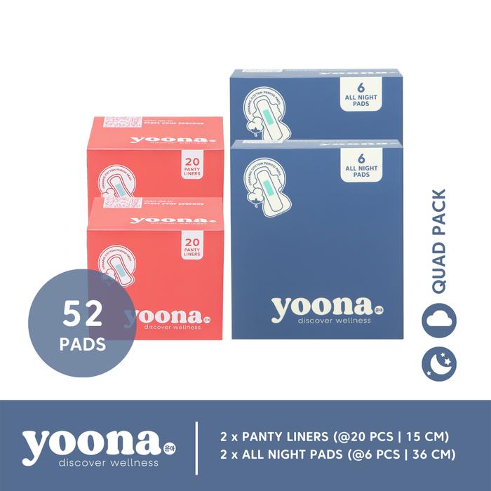 Gambar YOONA Quad Pack All Night (4 Box) | Pembalut Organik / Organic Pads - 2L + 2AN dari yoonawomen undefined Tokopedia