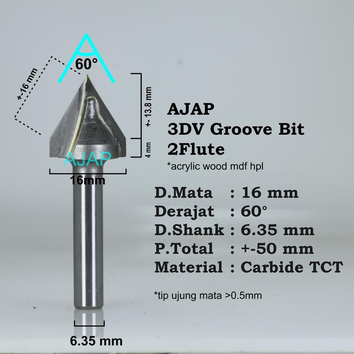 Gambar Mata Profil CNC 3DV 1/4 6.35 mata router kayu 60° 90° 120° 135° 150° - 16 * 60° *1/4 dari ajap cnc undefined Tokopedia