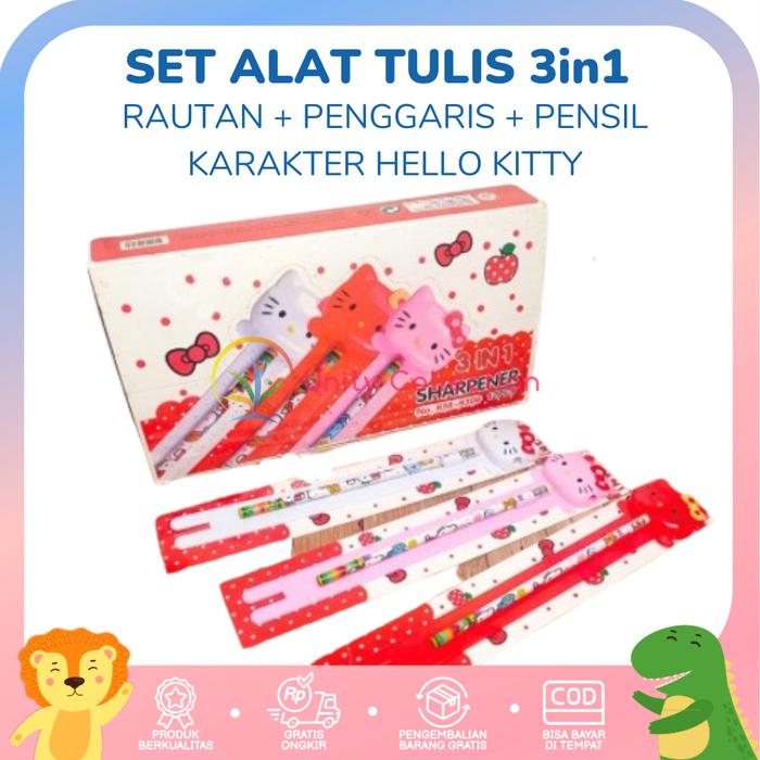 Gambar SET ALAT TULIS 3in1 RAUTAN + PENGGARIS + PENSIL KARAKTER HELLO KITTY dari Unity Collection undefined Tokopedia