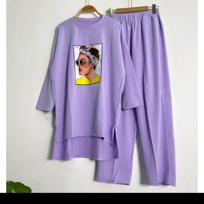 Gambar one set crinkle airflow wanita sablon Kekinian Al hafiz st - Lilac, All Size dari Al Hafiz st undefined Tokopedia