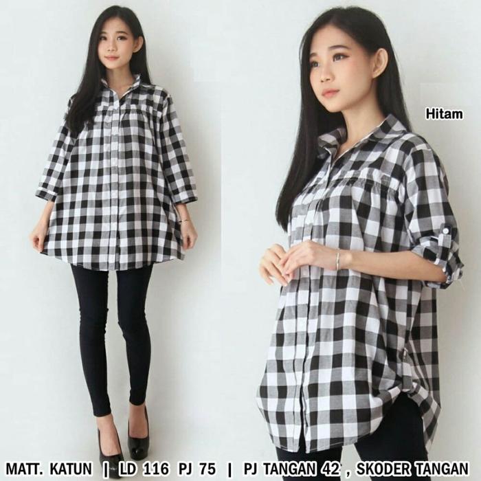 Gambar 3225 kemeja tunik wanita baju cewek kotak hitam putih busui kancing - Hitam dari ERIKAWAI SHOP undefined Tokopedia
