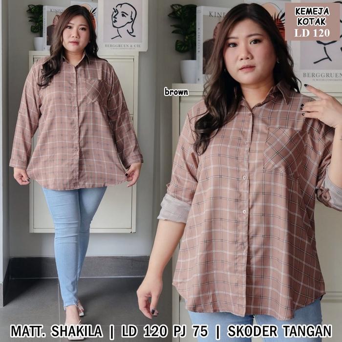 Gambar 0991 atasan wanita kemeja baju kuliah kotak coklat murah katun L XL - Brown dari ERIKAWAI SHOP undefined Tokopedia