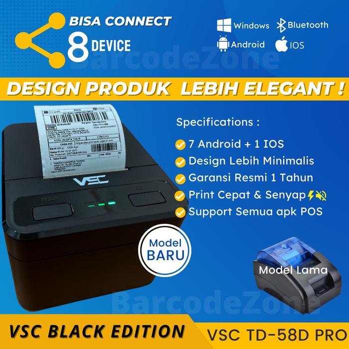 Gambar PRINTER THERMAL BLUETOOTH VSC TM-58D PRO RPP02 - RJ 11 - CETAK ALAMAT - Hitam dari Barcode Zone undefined Tokopedia
