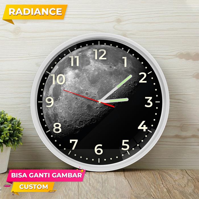 Gambar Jam dinding Moon Bulan glow in the dark sweep 32cm bisa custom - Putih, Sweep senyap dari Radiance custom undefined Tokopedia
