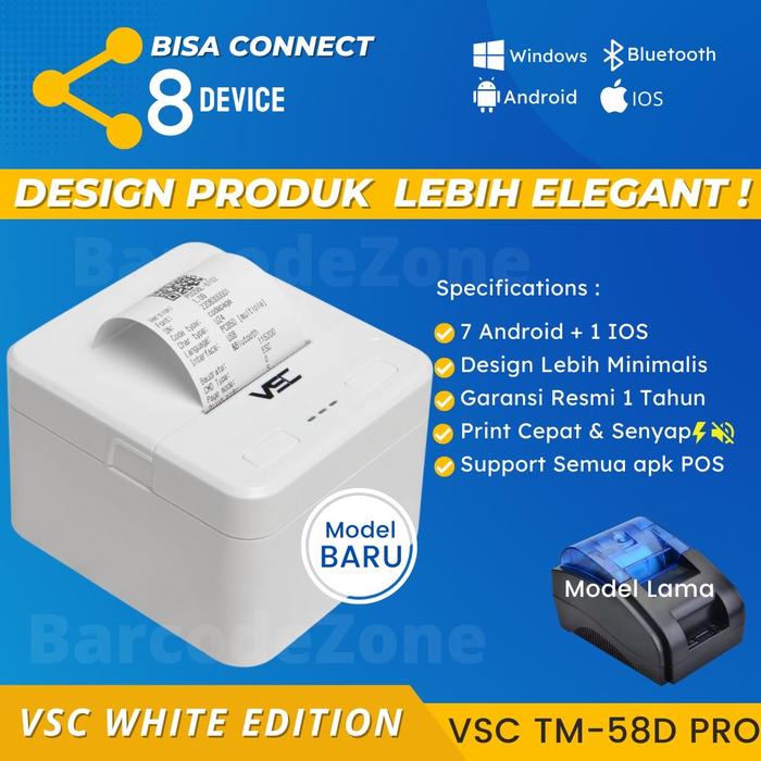 Gambar MINI THERMAL PRINTER BLUETOOTH VSC TM-58D PRO 58mm SUPPORT MOKAPOS PDF - Putih dari Barcode Zone undefined Tokopedia