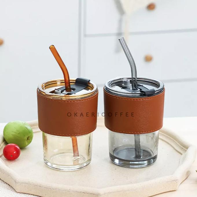 Gambar Tumblr + Sleeve Leather + Lid 400ml / Mug Gelas Kaca Pegangan Kulit - Amber, Putih dari Okaeri Coffee undefined Tokopedia