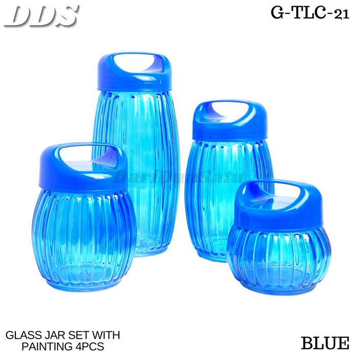 Gambar Toples Kaca Kue Kering Tutup Gagang Glass Jar Painting Set 4 pcs - Blue dari DariDuaSatu undefined Tokopedia