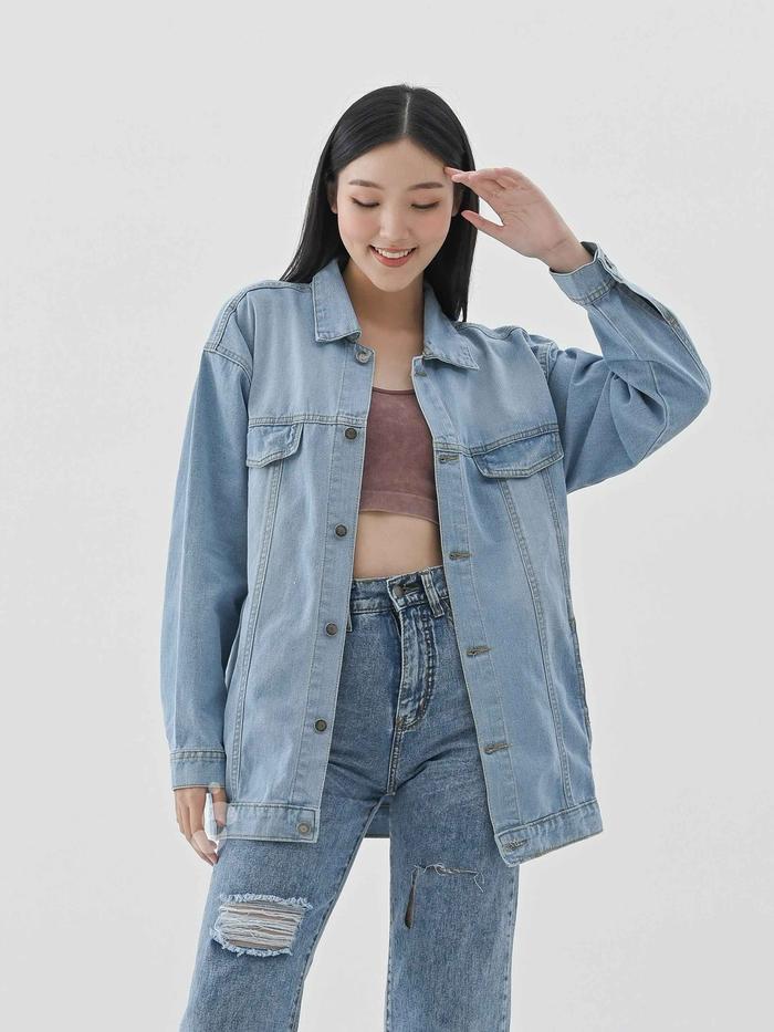Gambar Shenelin Jaket Jeans Elon Jacket - Jaket Jeans Wanita Jacket Lengan Panjang Oversized Ringan Nyaman - Biru Muda, XXL dari Shenelin Official undefined Tokopedia