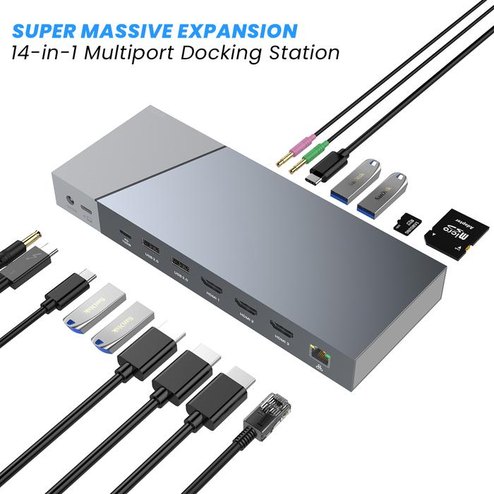 Gambar DISPLAYLINK 14 IN1 Docking Stations Type C 3.1 USB HUB 3 HDMI Extended - 14-in-1 dari Intelligent Device Living undefined Tokopedia