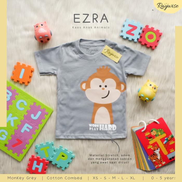 Gambar Kaos Anak Binatang Katun Combed Ezra T-shirt - Monkey Grey, XS dari Raywise undefined Tokopedia