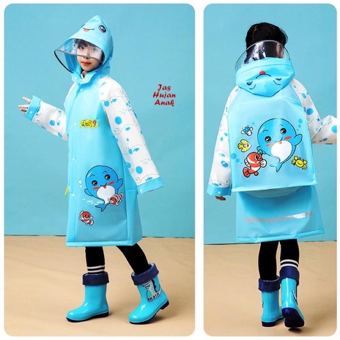 Gambar jas hujan anak lucu premium jas hujan anak dengan tempat tas - Blue Happy fish, M dari Tya Bag JKT 2 undefined Tokopedia