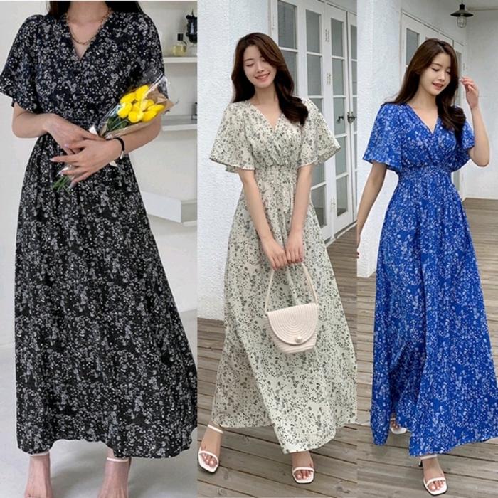 Gambar MINJI KOREAN STYLE FLORAL VINTAGE MAXI DRESS VNECK BUMIL BUSUI PANTAI - Blue dari fast8shop undefined Tokopedia