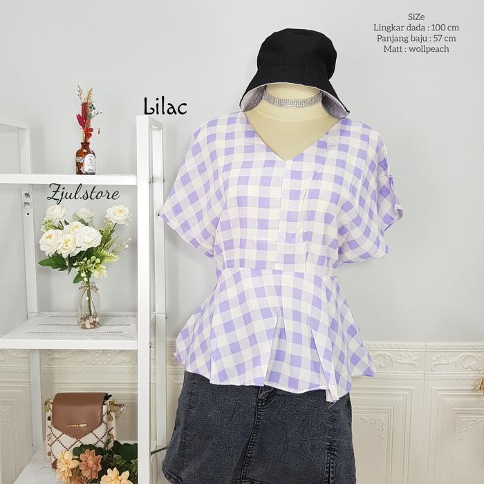 Gambar Baju Blouse Wanita motif kotak model Tali belakang dan karet pinggang - Lilac dari @powder_su.galaxyfit undefined Tokopedia
