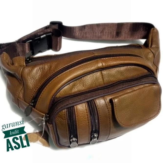 Gambar Waistbag tas pinggang pria kulit asli polos tanpa merk kantung banyak - cokelat muda dari barangbagus shop undefined Tokopedia